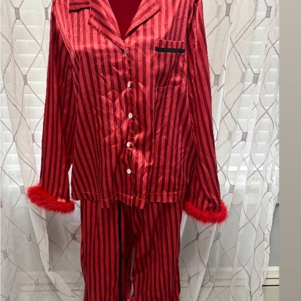 Red Striped Pajama Set with Fur Trim
